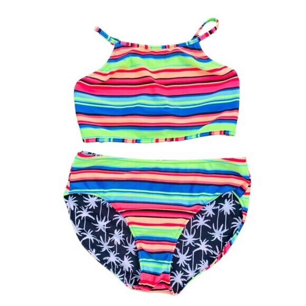 Girls/Junior Reversible 2 piece Swimsuit rainbow black and white palmtree sz M